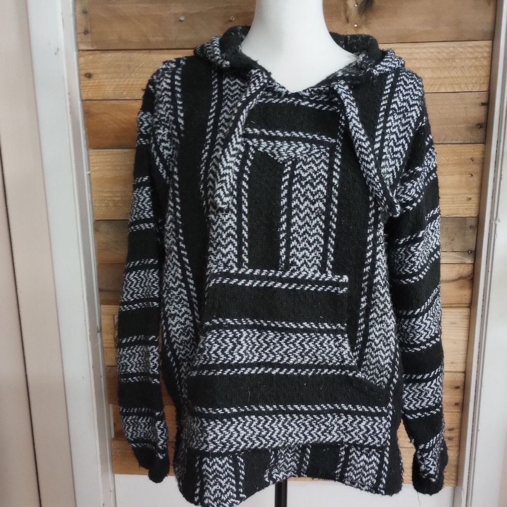 Earth Ragz Black/Gray Polyester Blend Long Sleeve Pullover Hoodie Boho *